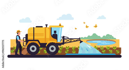 Farmer operating a large yellow agricultural sprayer in a field.