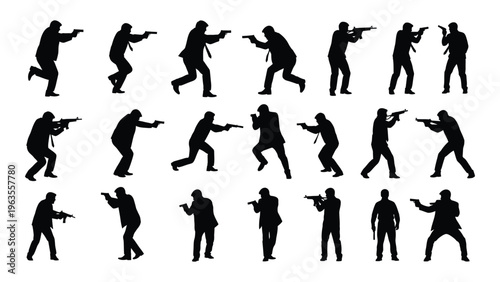 Collection of black silhouettes of men in various fighting stances