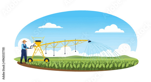 Farmer operating a modern irrigation system in a lush green field.