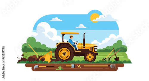 Farmer operating a yellow tractor plowing field under sunny sky.