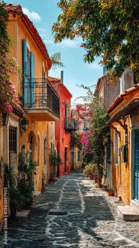 Fototapeta premium Charming narrow cobblestone street lined with vibrant houses, blooming flowers and shutters in sunny Mediterranean village setting.