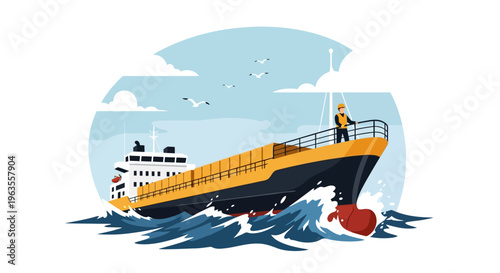 Large cargo ship navigating through rough ocean waves with a crew member on deck.