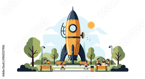 Large yellow and black rocket standing upright, ready for launch.