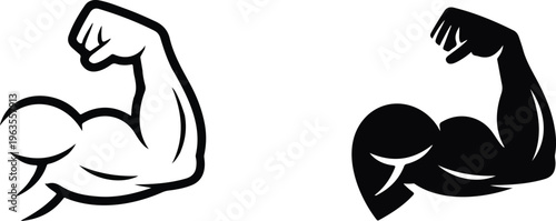 Black and white arm muscle illustration with half outline detail and half solid silhouette showing strength clean minimal vector