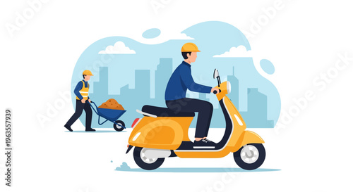 Man riding a yellow scooter, wearing a helmet and blue shirt.