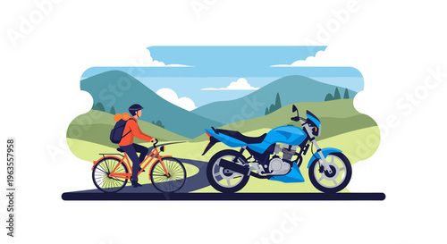 Man riding bicycle next to a parked motorcycle on a road.