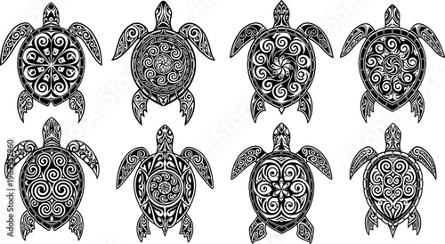 Hand-Drawn Turtle Collection with Intricate Swirled Patterns Elegant Black and White Turtle Vector Illustration Set