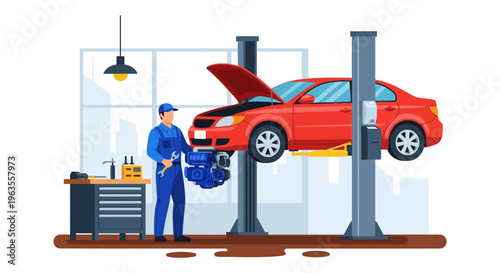 Mechanic working on a car in a garage.