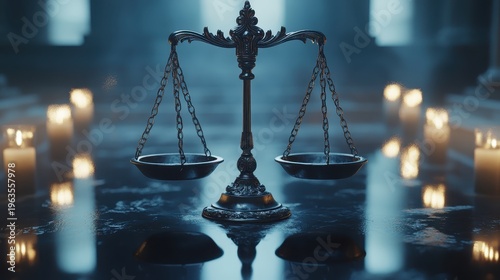 Ornate Scales of Justice represent the review of consumer protection law in a formal, dimly lit setting, symbolizing judgment and fairness.