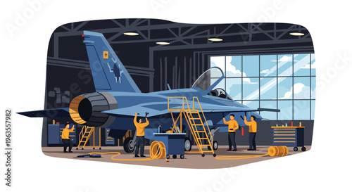 Military jet maintenance in a hangar with ground crew working on the aircraft.