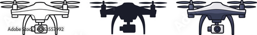 This vector graphic illustration features three distinct drone designs, including a detailed outline, a solid silhouette, and a modern flat color icon, perfect for various technology 