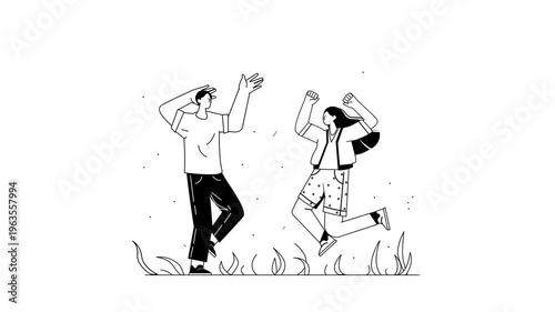 Minimal black and white animation line art of young man and woman dancing