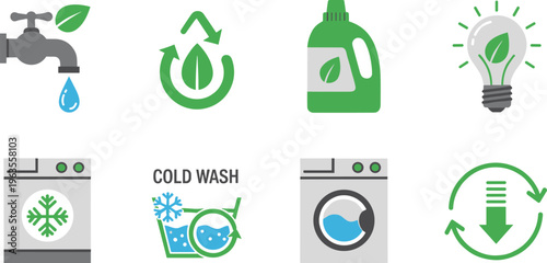 Eco Friendly Laundry Icon Set Featuring Water Saving Recycling Cold Wash and Energy Efficiency Flat Vector Illustration Isolated on White Background