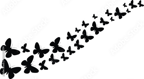 Minimal butterfly silhouette composition in curved diagonal layout with detailed wings clean black and white vector illustration