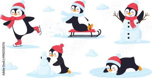 Cute Winter Penguin Vector Collection with Ice Skating, Sledding, Building Snowman, and Playful Snow Activities in Hats and Scarves for Holiday, Kids, and Winter Designs