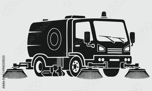 Municipal Street Sweeper Cleaning Truck Flat Vector Silhouette