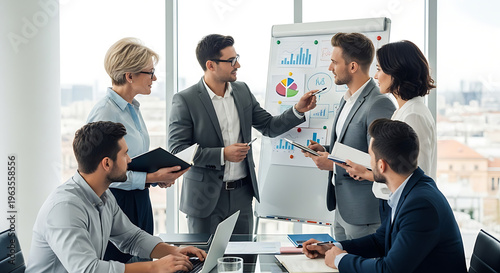 Business team in meeting discussing charts and graphs on whiteboard.