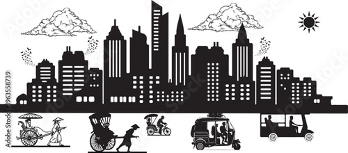 Modern City Skyline Silhouette with Traditional Asian Transportation Rickshaw and Tuk-Tuk Vector Illustration