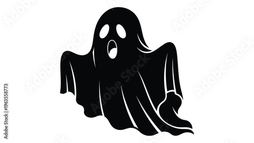 A black ghost illustration with a sheet and holes for eyes