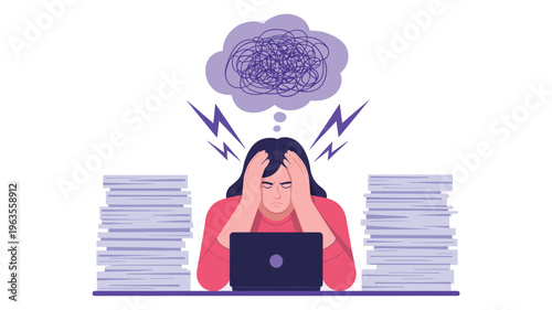 Work stress and burnout concept illustration with overwhelmed woman, mental pressure, anxiety, workload overload, office fatigue and deadline stress
