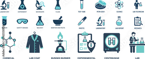 Science Laboratory Icons Set Flat Blue Vector with Labels