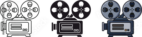 Vintage film projector set including line art solid black and colored flat vector graphic design styles on white background