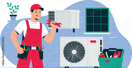 PrintAir conditioner installation and repair concept illustration with technician, HVAC service, cooling system maintenance and home appliance setup