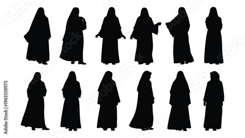 Silhouettes of people wearing robes and hoods in various poses