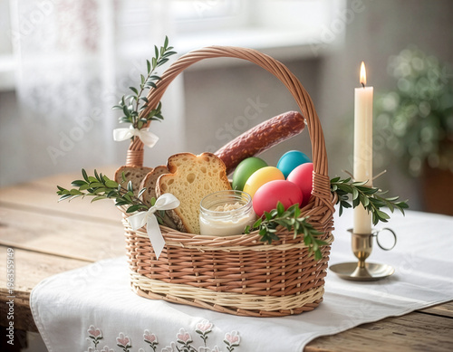 Koszyk Wielkanocny z jajkami, kiełbasą i chlebem - święconka