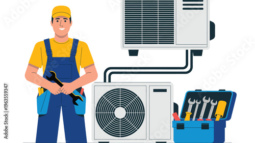 HVAC technician repair and maintenance concept illustration with air conditioner units, tools and worker servicing cooling system equipment