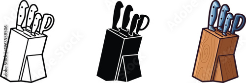 Kitchen knife block with three sharp knives and a sharpening steel or cleaver displayed within a wooden stand, presented as a cooking vector graphic illustration on white 