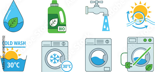 Eco Cold Wash Laundry Concept Featuring Water Saving Bio Detergent and Energy Efficient Washing Machine Flat Vector Illustration Isolated on White Background