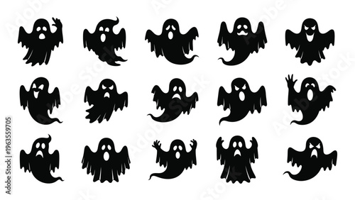 Collection of 12 unique black ghost silhouettes in various poses