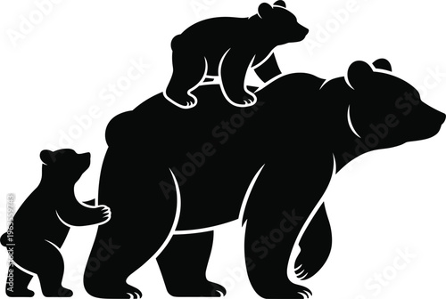 Mother bear with cubs silhouette vector, black animal family icon isolated on white background