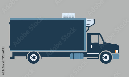 Minimalist silhouette of a commercial refrigerated box truck. Flat vector style, side view, featuring the prominent cooling unit above the cab.