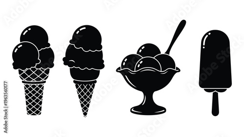 Black and white illustration of assorted ice cream treats