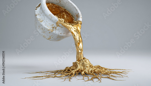 Liquid molten gold pouring from white ceramic garden pot onto white floor for wealth abundance and New Year prosperity