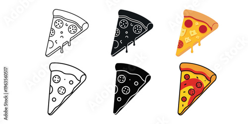Set of pizza slice icons with pepperoni and cheese in various styles: outline, silhouette, and full color  Pizza slice icon. Piece of pizza peperoni vector illustration. Pizzeria logo. 