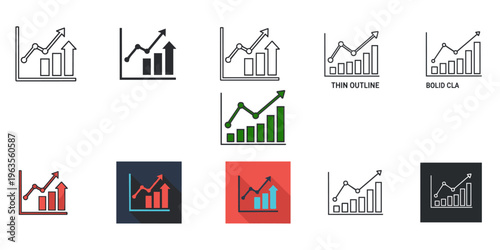 Line and bar chart icon with arrow showing growth and decline trends. Business analytics illustration for statistics, data analysis, financial reports, performance metrics, market results