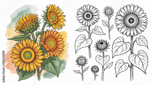 A vibrant illustration showcases sunflowers in both full color and monochrome depicting various stages of bloom and growth high quality professional detailed modern elegant stylish clean