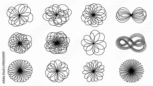 This image displays a collection of nine abstract black line drawings featuring circular and floral like geometric patterns on a white background high quality professional detailed