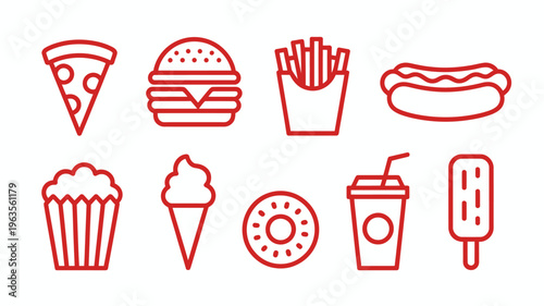A collection of fast food and sweet treats is displayed in a simple red line art style showcasing popular culinary items high quality professional detailed modern