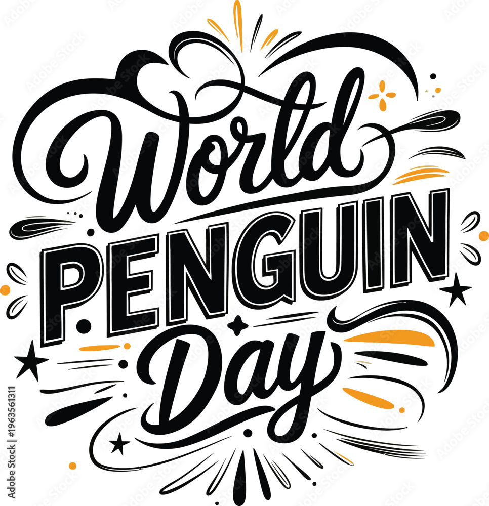 Obraz premium World Penguin Day Hand Drawn Typography Lettering Vector Illustration