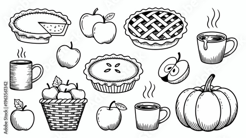 A vintage style illustration displays various apple and pumpkin themed elements including pies whole fruits and steaming beverages high quality professional detailed modern elegant stylish clean