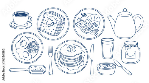 A charming blue line illustration depicts a delightful breakfast spread with various foods and beverages arranged on a white background high quality professional detailed modern elegant