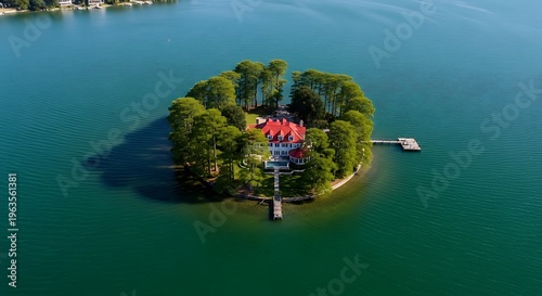 Aerial view of lush green island with red pavilion on calm turquoise lake at dusk