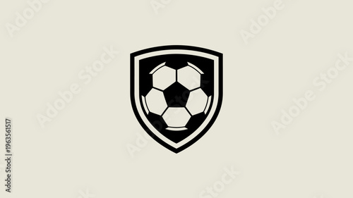 A minimalist graphic depicts a black soccer ball centered within a shield shaped outline presented on a neutral beige background high quality professional detailed modern elegant