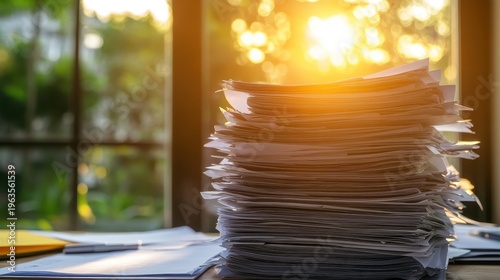 Stack of Business Documents and Policy Papers Illuminated by Bright Sunlight Near a Window