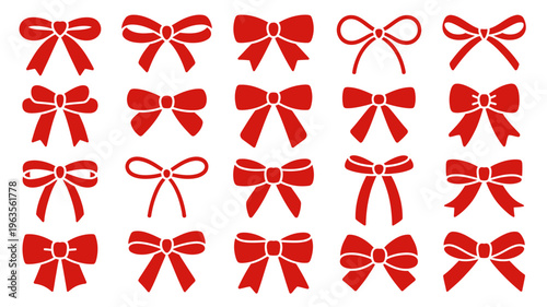 A collection of vibrant red bows in various styles and orientations are displayed against a clean white background high quality professional detailed modern elegant stylish crisp