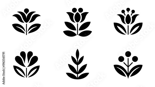 A collection of stylized black floral icons are displayed against a stark white background showcasing minimalist botanical designs high quality professional detailed modern elegant stylish clean